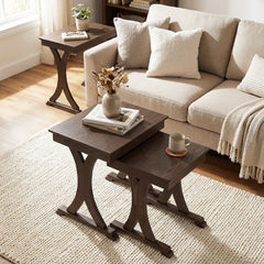 3 Pieces Nesting Coffee Table Side Table with Solid Rubber Wood Legs-Brown