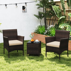 3 Piece Outdoor Wicker Conversation Set, 2 Chairs Rated 400 lb with Beige Cushions and 16 in Tempered Glass Top Table