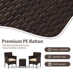 3 Piece Outdoor Wicker Conversation Set, 2 Chairs Rated 400 lb with Beige Cushions and 16 in Tempered Glass Top Table