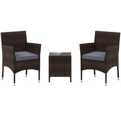 3 Piece Outdoor Wicker Conversation Set, 2 Chairs Rated 400 lb with Grey Cushions and 16 in Tempered Glass Top Table