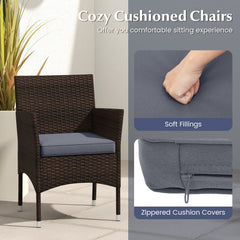 3 Piece Outdoor Wicker Conversation Set, 2 Chairs Rated 400 lb with Grey Cushions and 16 in Tempered Glass Top Table