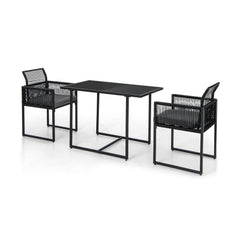 3 Piece Outdoor Dining Set for 2, 42.5 Inch Tempered Glass Table and 2 Black Rattan Chairs with Grey Cushions