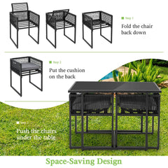 3 Piece Outdoor Dining Set for 2, 42.5 Inch Tempered Glass Table and 2 Black Rattan Chairs with Grey Cushions