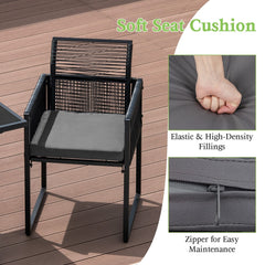 3 Piece Outdoor Dining Set for 2, 42.5 Inch Tempered Glass Table and 2 Black Rattan Chairs with Grey Cushions