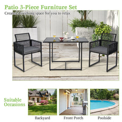 3 Piece Outdoor Dining Set for 2, 42.5 Inch Tempered Glass Table and 2 Black Rattan Chairs with Grey Cushions