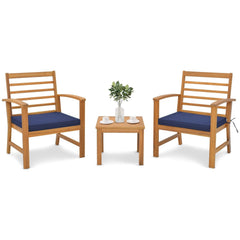 3 Piece Acacia Wood Patio Set, 2 Slatted Back Chairs Rated 400 lb with Navy Cushions on Fixing Ties and 17.5 in Coffee Table