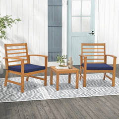 3 Piece Acacia Wood Patio Set, 2 Slatted Back Chairs Rated 400 lb with Navy Cushions on Fixing Ties and 17.5 in Coffee Table