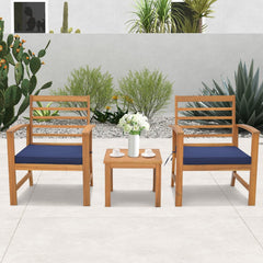 3 Piece Acacia Wood Patio Set, 2 Slatted Back Chairs Rated 400 lb with Navy Cushions on Fixing Ties and 17.5 in Coffee Table
