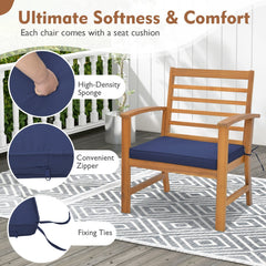 3 Piece Acacia Wood Patio Set, 2 Slatted Back Chairs Rated 400 lb with Navy Cushions on Fixing Ties and 17.5 in Coffee Table