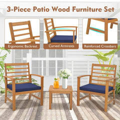3 Piece Acacia Wood Patio Set, 2 Slatted Back Chairs Rated 400 lb with Navy Cushions on Fixing Ties and 17.5 in Coffee Table