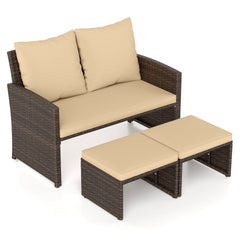3 Piece Outdoor Wicker Loveseat Set, 41.5 in Loveseat Rated 800 lb with 2 Multi Use Ottomans Rated 400 lb That Tuck Underneath, Beige