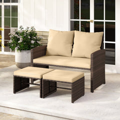 3 Piece Outdoor Wicker Loveseat Set, 41.5 in Loveseat Rated 800 lb with 2 Multi Use Ottomans Rated 400 lb That Tuck Underneath, Beige