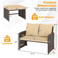 3 Piece Outdoor Wicker Loveseat Set, 41.5 in Loveseat Rated 800 lb with 2 Multi Use Ottomans Rated 400 lb That Tuck Underneath, Beige