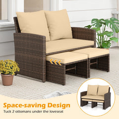 3 Piece Outdoor Wicker Loveseat Set, 41.5 in Loveseat Rated 800 lb with 2 Multi Use Ottomans Rated 400 lb That Tuck Underneath, Beige