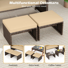 3 Piece Outdoor Wicker Loveseat Set, 41.5 in Loveseat Rated 800 lb with 2 Multi Use Ottomans Rated 400 lb That Tuck Underneath, Beige