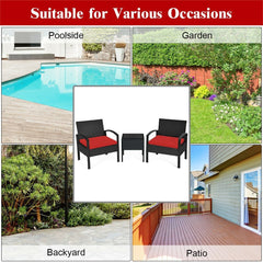 3 Piece Outdoor Rattan Conversation Set, 2 Wicker Chairs with Thick Red Cushions and 16 in Tempered Glass Coffee Table