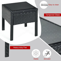 3 Piece Outdoor Rattan Conversation Set, 2 Wicker Chairs with Thick Red Cushions and 16 in Tempered Glass Coffee Table