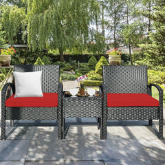 3 Piece Outdoor Rattan Conversation Set, 2 Wicker Chairs with Thick Red Cushions and 16 in Tempered Glass Coffee Table