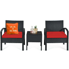 3 Piece Outdoor Rattan Conversation Set, 2 Wicker Chairs with Thick Red Cushions and 16 in Tempered Glass Coffee Table