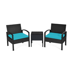 3 Piece Outdoor Rattan Conversation Set, 2 Wicker Chairs with Thick Turquoise Cushions and 16 in Tempered Glass Coffee Table