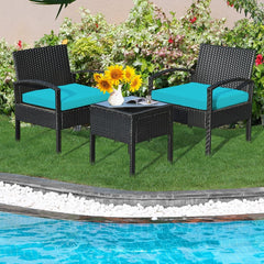 3 Piece Outdoor Rattan Conversation Set, 2 Wicker Chairs with Thick Turquoise Cushions and 16 in Tempered Glass Coffee Table