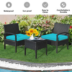 3 Piece Outdoor Rattan Conversation Set, 2 Wicker Chairs with Thick Turquoise Cushions and 16 in Tempered Glass Coffee Table