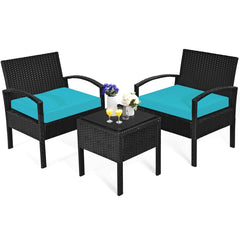 3 Piece Outdoor Rattan Conversation Set, 2 Wicker Chairs with Thick Turquoise Cushions and 16 in Tempered Glass Coffee Table