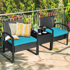 3 Piece Outdoor Rattan Conversation Set, 2 Wicker Chairs with Thick Turquoise Cushions and 16 in Tempered Glass Coffee Table