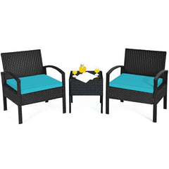 3 Piece Outdoor Rattan Conversation Set, 2 Wicker Chairs with Thick Turquoise Cushions and 16 in Tempered Glass Coffee Table
