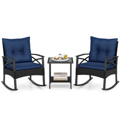 3 Piece Outdoor Rattan Rocking Chair Set, 2 Rockers Rated 400 lb with 4 in Navy Cushions and 2 Tier Side Table
