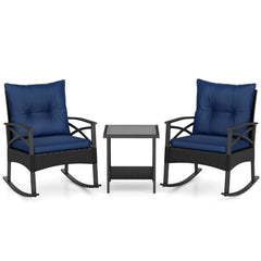 3 Piece Outdoor Rattan Rocking Chair Set, 2 Rockers Rated 400 lb with 4 in Navy Cushions and 2 Tier Side Table