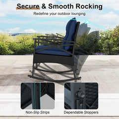 3 Piece Outdoor Rattan Rocking Chair Set, 2 Rockers Rated 400 lb with 4 in Navy Cushions and 2 Tier Side Table