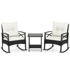 3 Piece Outdoor Rattan Rocking Chair Set, 2 Rockers Rated 400 lb with 4 in Cream Cushions and 2 Tier Side Table