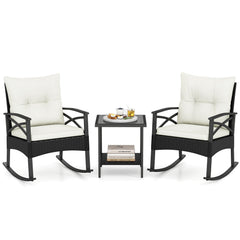 3 Piece Outdoor Rattan Rocking Chair Set, 2 Rockers Rated 400 lb with 4 in Cream Cushions and 2 Tier Side Table