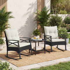 3 Piece Outdoor Rattan Rocking Chair Set, 2 Rockers Rated 400 lb with 4 in Cream Cushions and 2 Tier Side Table