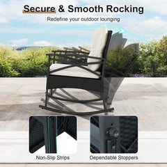 3 Piece Outdoor Rattan Rocking Chair Set, 2 Rockers Rated 400 lb with 4 in Cream Cushions and 2 Tier Side Table