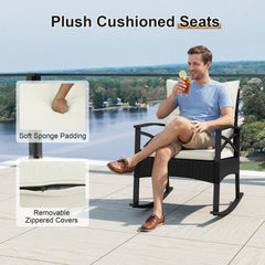 3 Piece Outdoor Rattan Rocking Chair Set, 2 Rockers Rated 400 lb with 4 in Cream Cushions and 2 Tier Side Table