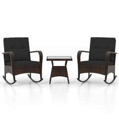 3 Piece Outdoor Rocking Set, 2 Rattan Rocking Chairs with Lumbar Pillows and 20 in Tempered Glass Coffee Table, Black Cushions