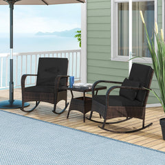 3 Piece Outdoor Rocking Set, 2 Rattan Rocking Chairs with Lumbar Pillows and 20 in Tempered Glass Coffee Table, Black Cushions