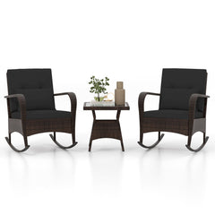 3 Piece Outdoor Rocking Set, 2 Rattan Rocking Chairs with Lumbar Pillows and 20 in Tempered Glass Coffee Table, Black Cushions