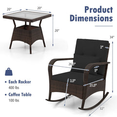 3 Piece Outdoor Rocking Set, 2 Rattan Rocking Chairs with Lumbar Pillows and 20 in Tempered Glass Coffee Table, Black Cushions