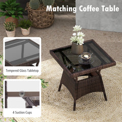 3 Piece Outdoor Rocking Set, 2 Rattan Rocking Chairs with Lumbar Pillows and 20 in Tempered Glass Coffee Table, Black Cushions