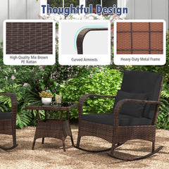 3 Piece Outdoor Rocking Set, 2 Rattan Rocking Chairs with Lumbar Pillows and 20 in Tempered Glass Coffee Table, Black Cushions