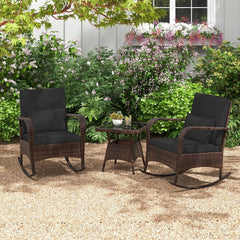 3 Piece Outdoor Rocking Set, 2 Rattan Rocking Chairs with Lumbar Pillows and 20 in Tempered Glass Coffee Table, Black Cushions