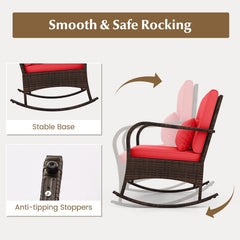 3 Piece Outdoor Rocking Set, 2 Rattan Rocking Chairs with Lumbar Pillows and 20 in Tempered Glass Coffee Table, Red Cushions