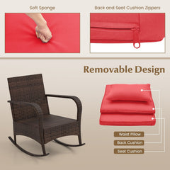 3 Piece Outdoor Rocking Set, 2 Rattan Rocking Chairs with Lumbar Pillows and 20 in Tempered Glass Coffee Table, Red Cushions