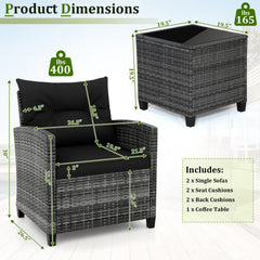 3 Piece Outdoor Wicker Conversation Set, 2 Sofas Rated 400 lb with Black Cushions and 18 in Table with a 5 mm Tempered Glass Top