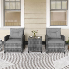 3 Piece Outdoor Wicker Conversation Set, 2 Sofas Rated 400 lb with Grey Cushions and 18 in Table with a 5 mm Tempered Glass Top
