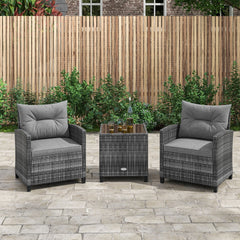 3 Piece Outdoor Wicker Conversation Set, 2 Sofas Rated 400 lb with Grey Cushions and 18 in Table with a 5 mm Tempered Glass Top