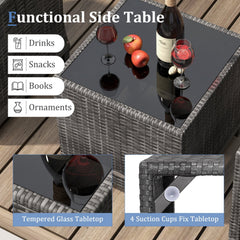 3 Piece Outdoor Wicker Conversation Set, 2 Sofas Rated 400 lb with Grey Cushions and 18 in Table with a 5 mm Tempered Glass Top